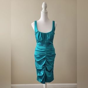 Cache Teal Green Satin Rouched Body Con Party Dress - Size 10